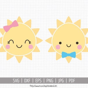 Baby Sun SVG. Bambini Ragazza carina Sole con fiocco Clipart. Ragazzo Sole con fiocco File vettoriali di taglio per macchina da taglio, png dxf eps Download immediato