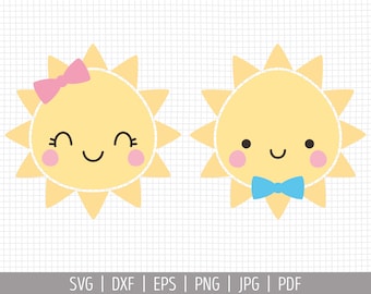 Baby Sun SVG. Kids Cute Girl Sun with Bow Clipart. Boy Sun with Bow Tie Vector Cut Files for Cutting Machine, png dxf eps Instant Download
