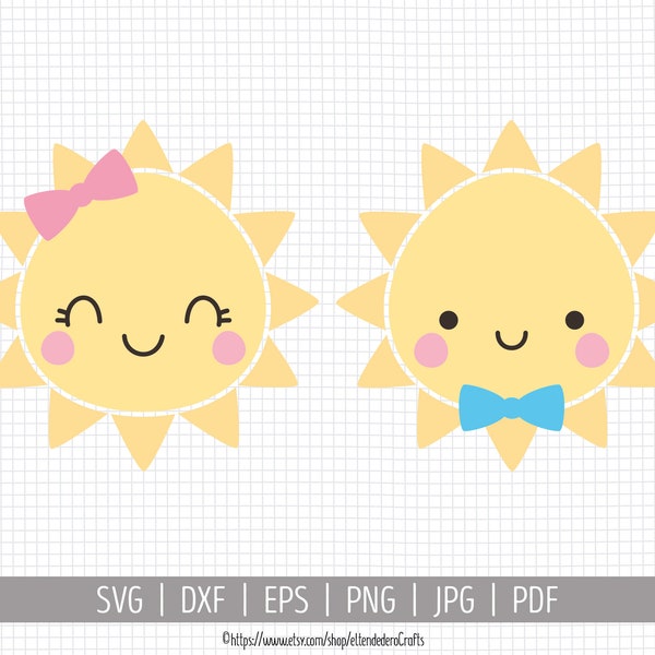 SVG Pack Soles Bebé Niña y Niño. Archivos Corte Sol con Lazo y Pajarita. Clipart Sol Infantil. Descarga dxf máquina de corte, eps vector png