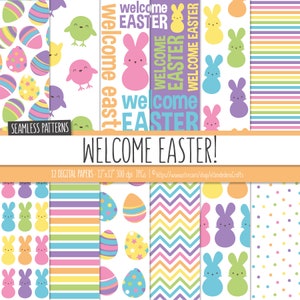 Easter Digital Paper Package. Kids Easter Seamless Patterns with Cute Bunnies, Chicks, Eggs, Bunny Backgrounds. Children Party Scrapbook