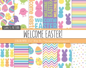 Easter Digital Paper Package. Kids Easter Seamless Patterns with Cute Bunnies, Chicks, Eggs, Bunny Backgrounds. Children Party Scrapbook