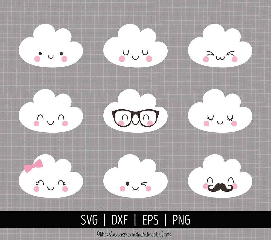 Baby Cloud SVG. Kids Cute Cloud Clipart. Kawaii Cloud Faces Bundle Cut