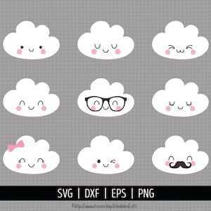 Puede incluir: Nueve ilustraciones de nubes blancas con diferentes expresiones faciales. Las nubes tienen mejillas rosadas y ojos negros. Las expresiones incluyen sonreír, guiñar un ojo, usar gafas y dormir. El texto "SVG | DXF | EPS | PNG" está en la parte inferior de la imagen.
