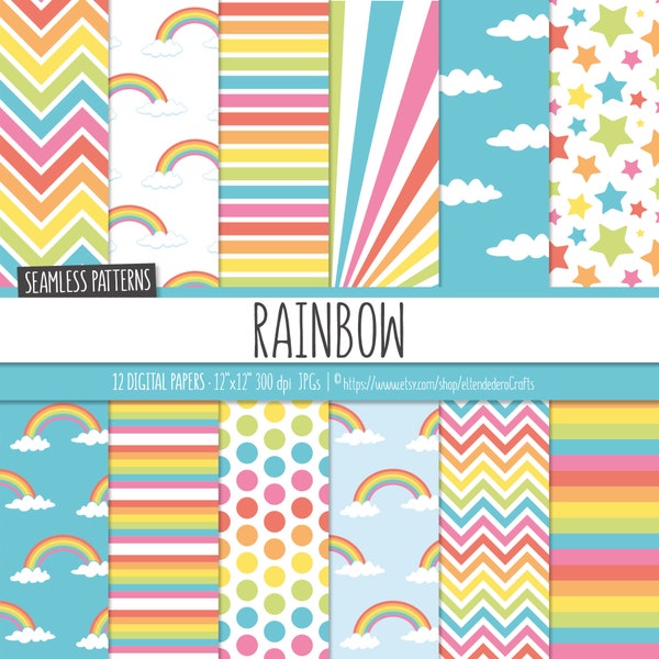 Rainbow Digital Paper Pack. Multicolor Rainbows, Stripes, Chevron, Dots, Starburst Patterns. Colorful Backgrounds. Digital Scrapbook