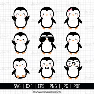 SVG Pingüinos. Archivos Corte Pingüino Infantil. Clipart Pingüinos Niño, Niña, Gafas de Sol. Vectores Máquinas Corte Descarga Digital