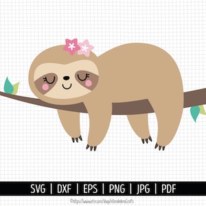 Meisje luiaard SVG. Leuke Kawaii slaperige luiaard gesneden bestanden. Baby dieren PNG clipart. Vectorbestanden Snijmachine dxf eps jpg pdf Direct downloaden