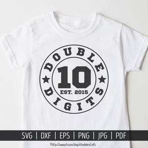 10 dubbele cijfers SVG. 10e verjaardag shirt vector snijmachine. Sports Ten Years Old Party Squad Cut-bestanden voor de Silhouette Cricut-download