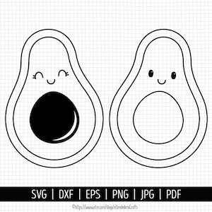 May include: Two black and white line drawings of avocados with smiling faces. The avocado on the left has a seed inside, while the avocado on the right is empty.