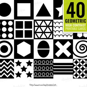 May include: A set of 40 printable black and white geometric high contrast cards. The cards feature various shapes, patterns, and designs.