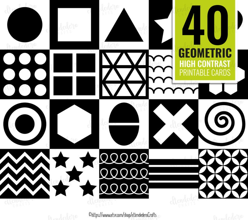 May include: A set of 40 printable black and white geometric high contrast cards. The cards feature various shapes, patterns, and designs.
