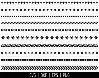 May include: A digital collection of ten distinct black horizontal border patterns featuring shapes like plus signs, asterisks, dots, dashes, circles, triangles, and squares. The text SVG | DXF | EPS | PNG and a URL are at the bottom.