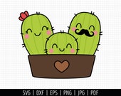 Cute Cactus Family SVG. Kawaii Cactus in a Pot Cut File. Succulent with Mustache PNG Clipart. Cacti Baby Shower Cutting Machine Vector Files
