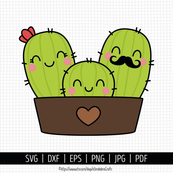 SVG Familia Cactus Kawaii. Clipart Cactus con Bigote. Archivos Corte Baby Shower Mejicana. Vectores Máquinas Corte, Suculenta png Digital