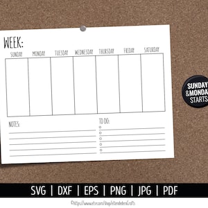 Calendário em branco SVG. Arquivos de corte de vetor de calendário semanal digital Máquina de corte. Download de calendário de fazenda para impressão. Planejador semanal pdf dxf