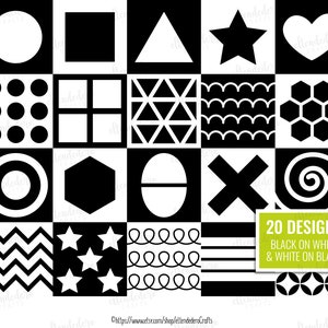 May include: A black and white graphic design pattern with 20 different geometric shapes and patterns. The text "20 DESIGNS BLACK ON WHITE & WHITE ON BLACK" is at the bottom of the image.
