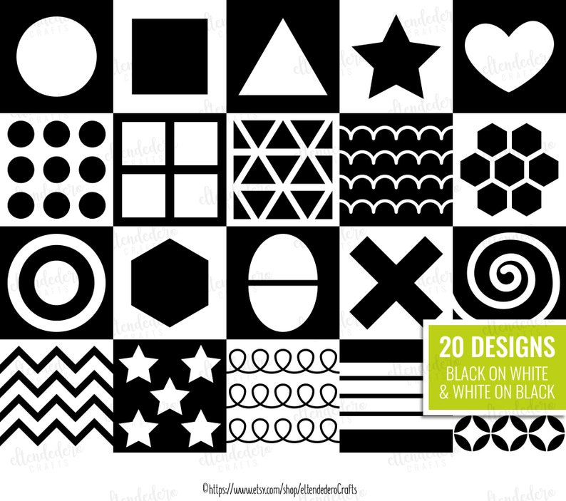 May include: A black and white graphic design pattern with 20 different geometric shapes and patterns. The text "20 DESIGNS BLACK ON WHITE & WHITE ON BLACK" is at the bottom of the image.