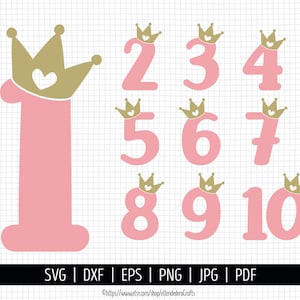 Zahlen mit Krone SVG Cut Files. 1-10 Rosa und Gold Krone Zahlen Vektor Dateien Schneidemaschine Silhouette Cricut. Mädchen Prinzessin Birthday