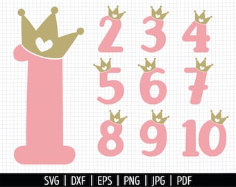 May include: Pink numbers 1 through 10 with gold crowns on top. Each crown has a small pink heart in the center.