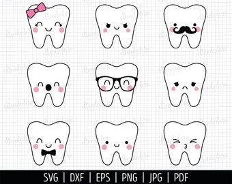 Tooth SVG. Tooth Fairy Bag Bundle Cut Files. Tooth for Girl and Boy PNG. Kids Vector Tooth Emotions Clipart Cutting Machine Download dxf eps