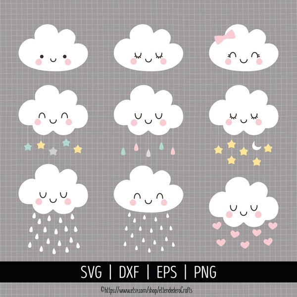 Baby Cloud SVG. Cute Rain Clipart. Kawaii Baby Cloud Mobile Bundle Cut Files, Vector Files for Cutting Machine, png dxf eps Instant Download