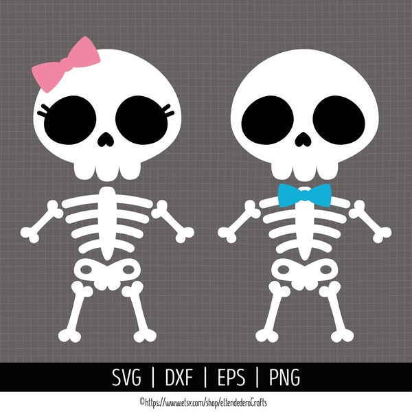 Skeleton SVG. Kids Halloween Skeleton Girl & Boy Clipart. Baby Cute Skull Vector Cut Files for Cutting Machine. png dxf eps Instant Download