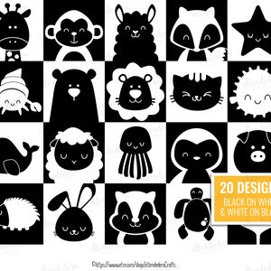 May include: A set of 20 black and white animal illustrations. The animals include a giraffe, monkey, llama, raccoon, starfish, crab, bear, lion, cat, sun, whale, sheep, octopus, ghost, pig, hedgehog, bunny, skunk, turtle, and a text overlay that says "20 Designs Black on White & White on Black".