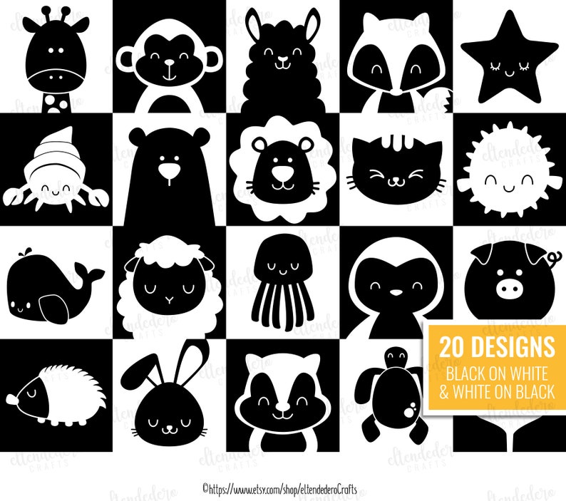 May include: A set of 20 black and white animal illustrations. The animals include a giraffe, monkey, llama, raccoon, starfish, crab, bear, lion, cat, sun, whale, sheep, octopus, ghost, pig, hedgehog, bunny, skunk, turtle, and a text overlay that says "20 Designs Black on White & White on Black".