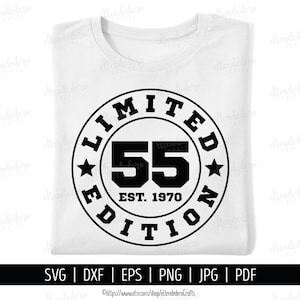 55e verjaardag-svg. Fifty-Five Est 1970 shirtvector voor snijmachine. 55 Years Squad Limited Edition badge gesneden bestanden silhouet Cricut