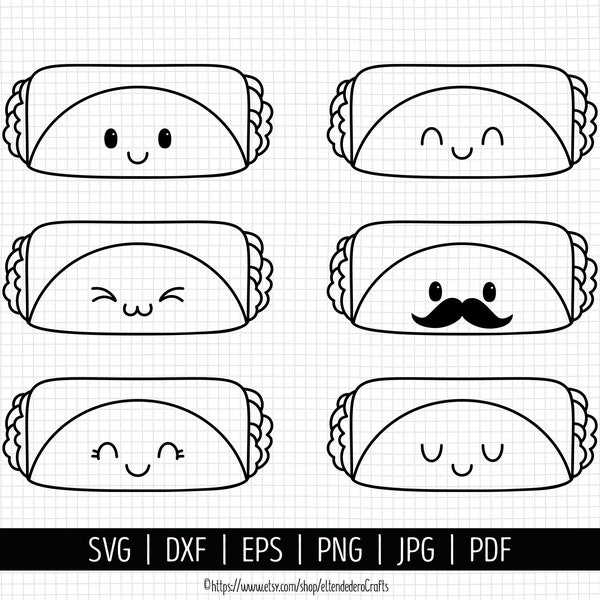 Burrito SVG. Cinco de Mayo Cut Files. Mexican Food SVG, Kawaii Burrito with Mustache PNG Clipart. Cute Face Shirt Vector for Cutting Machine