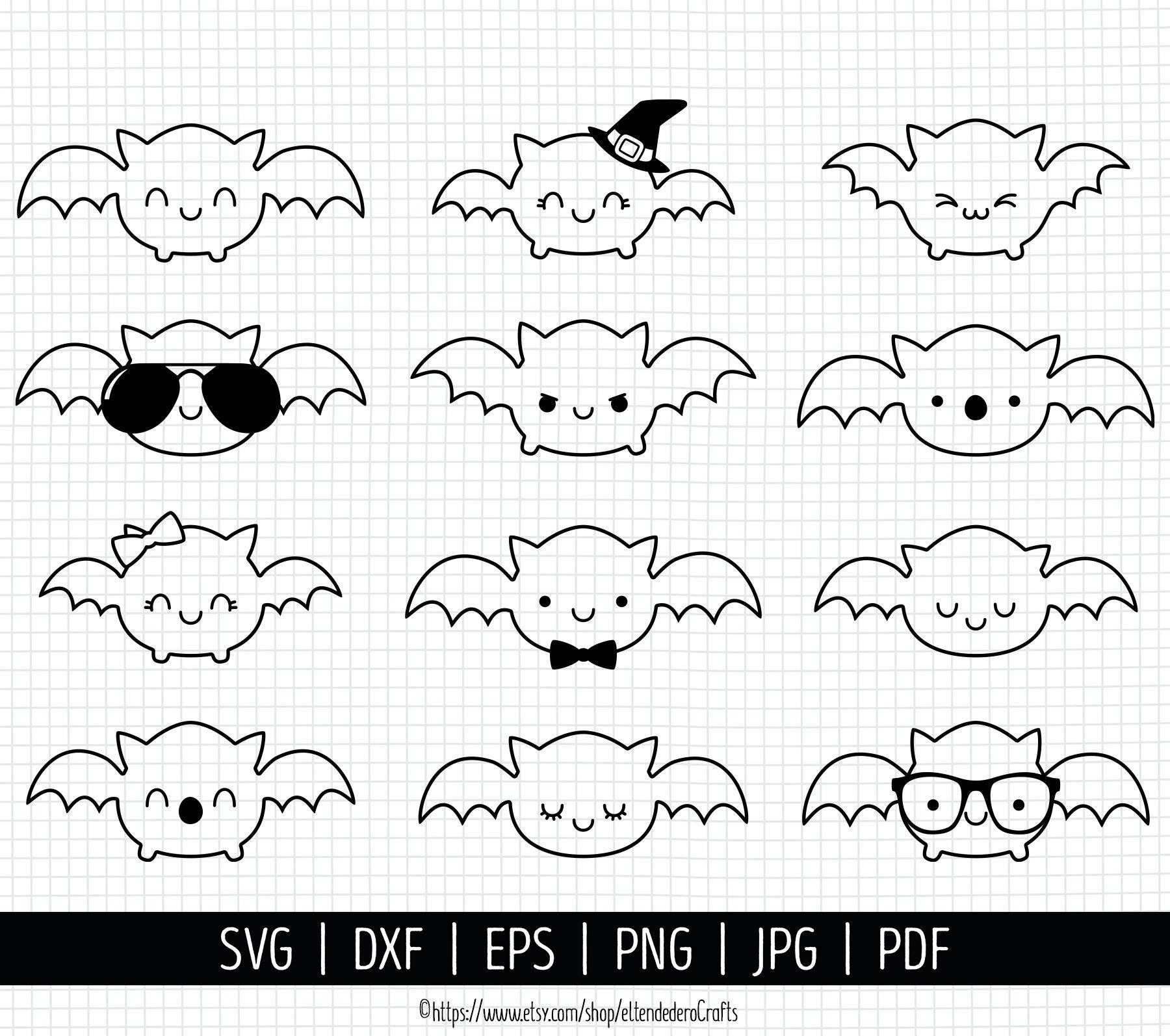 Vleermuis-SVG. Kids Halloween vleermuizen bundel clipart. Schattige kawaii meisje vleermuis griezelige vector gesneden bestanden voor snijmachine. png dxf eps Direct downloaden