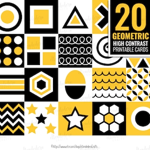 Cartões de bebê de alto contraste para impressão. Cartões flash sensoriais monocromáticos, estimulação infantil, formas pretas, brancas e vermelhas para bebês, download digital
