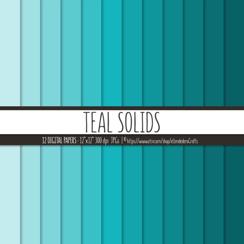 Puede incluir: Doce fondos de papel digital en tonos de verde azulado, que van de claro a oscuro. Los papeles miden 30,5 cm por 30,5 cm y 300 dpi. El texto "TEAL SOLIDS" est&aacute; en la parte superior de la imagen. El texto "12 DIGITAL PAPERS - 12"x12" 300 dpi JPGs | https://www.etsy.com/shop/eltendederoCrafts" est&aacute; en la parte inferior de la imagen.