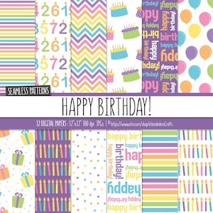 Pacchetto di carta digitale per compleanno. Motivi multicolori senza soluzione di continuità per feste di compleanno per bambini. Set di carte stampabili per bambini. Album digitale colorato.