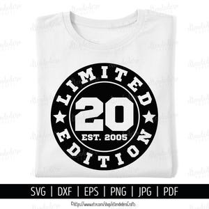 Twenty Est 2005 SVG. Máquina de corte vetorial para camisa de 20º aniversário. Arquivos de corte de distintivo de edição limitada do esquadrão de 20 anos Silhouette Cricut Download