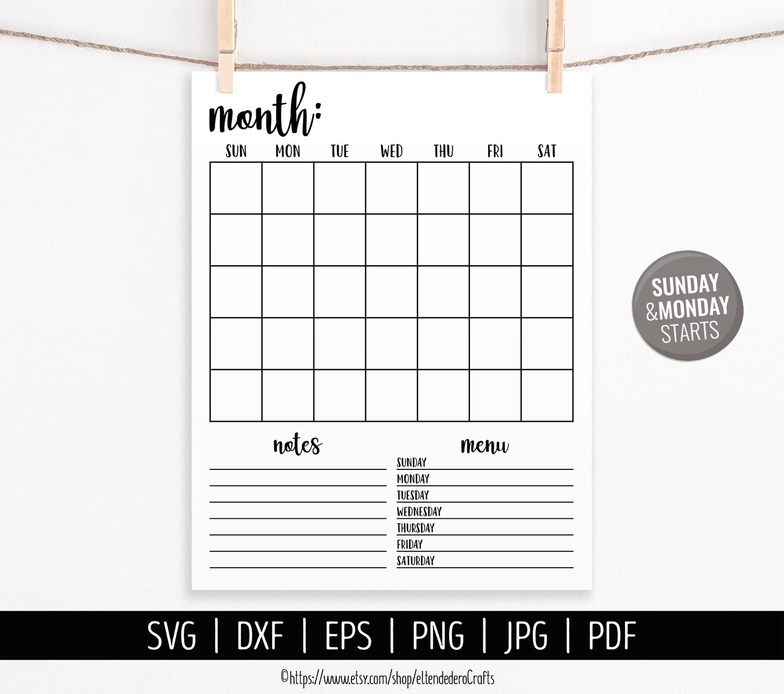 Blank Calendar SVG. Digital Monthly Calendar Vector Cut Files | Etsy