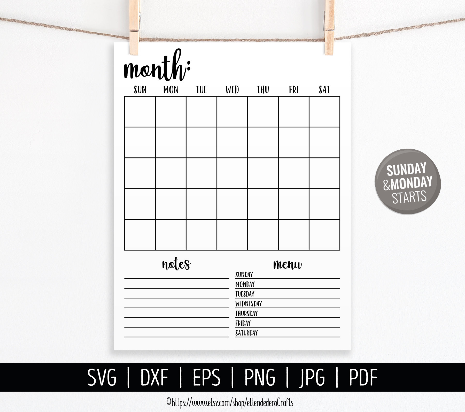 Blank Calendar SVG. Digital Monthly Calendar Vector Cut Files Cutting  Machine. Printable Farmhouse Calendar Download. Month Planner Pdf Dxf - Etsy
