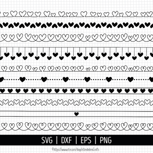 Diviseurs de coeur Doodle SVG. Lignes de pétoncles dessinées à la main, fichiers coupés, bordures de texte décoratives PNG, clipart de séparation de page vectorielle. Eps dxf numérique