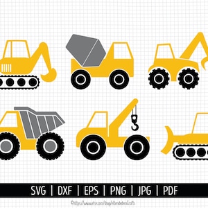 Construction Truck SVG. Vector Construction Vehicles, Excavator Concrete Mixer Digger Dumptruck Crane Bulldozer png Clipart. Cut Files dxf