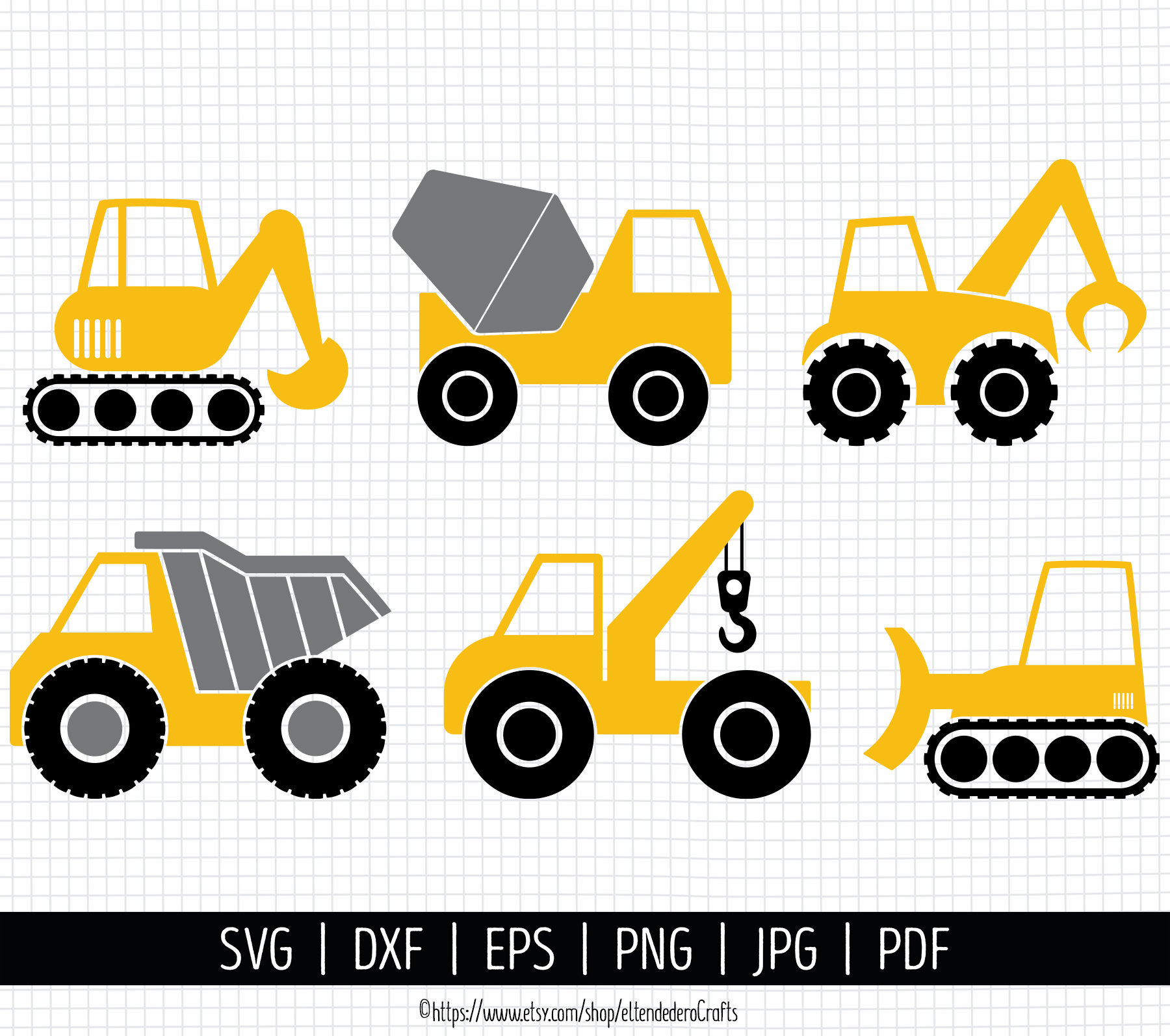 Construction Truck SVG. Vector Construction Vehicles, Excavator Concrete Mixer Digger Dumptruck Crane Bulldozer png Clipart. Cut Files dxf
