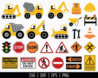 Construction Truck SVG. Vector Construction Signs Clipart, Excavator Concrete Mixer Digger Dumptruck Crane Bulldozer png, Cut Files dxf