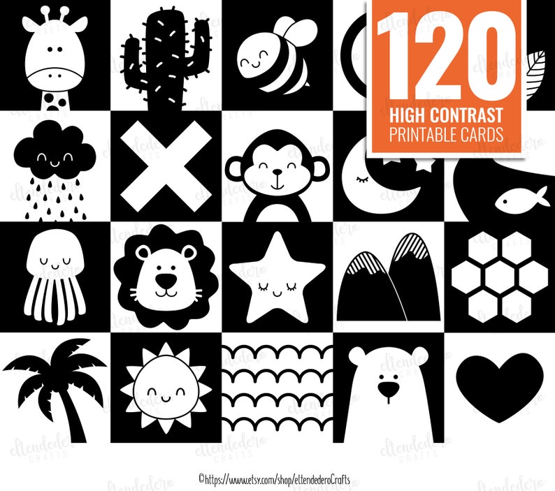 May include: A set of 120 high contrast printable cards featuring black and white illustrations of various animals, shapes, and objects. The cards are designed for babies and toddlers to help them develop their visual skills.