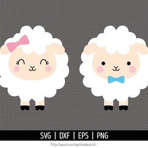Ragazza di pecora SVG. PNG di clipart degli agnellini. Ragazzo di pecora con ragazza con papillon File tagliati con fiocco. Download della macchina da taglio vettoriale Silhouette animali da fattoria