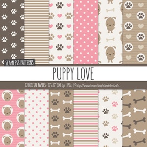 Digitaal puppypapierpakket. Babyhond, poten en botten naadloze patronen. Set afdrukbare papieren. Achtergronden huisdier digitaal plakboek direct downloaden