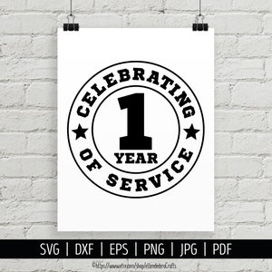 1 jaar service-SVG. Werk jubileum Shirt bestanden snijmachine. Vieren Award Medewerker Waardering Badge Silhouet Cricut