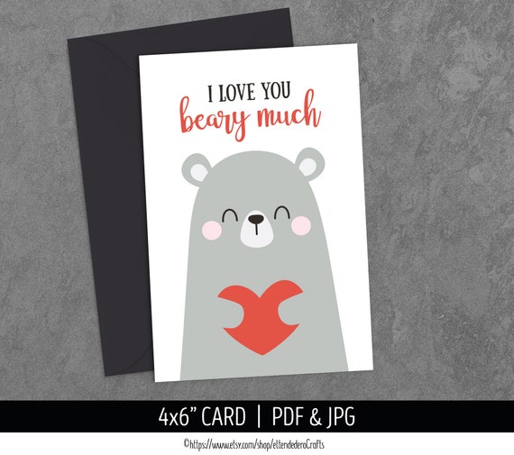 PRINTABLE I Love You Beary Much Card. Cute Kids Valentines | Etsy