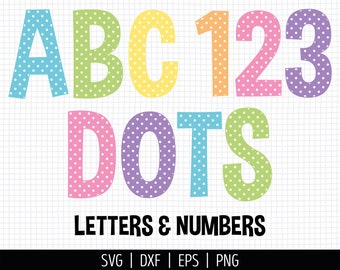 Puede incluir: Un gráfico digital que muestra el texto ABC 123 DOTS LETTERS & NUMBERS en varios colores, incluyendo azul, verde, amarillo, naranja, rosa y morado. Cada carácter tiene un patrón de puntos blancos sobre un fondo de cuadrícula blanco.
