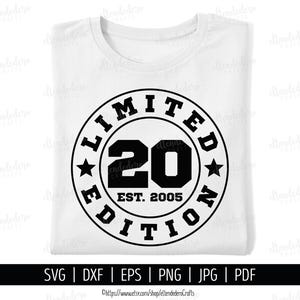 Twenty Est 2005 SVG. Máquina de corte vetorial para camisa de 20º aniversário. Arquivos de corte de distintivo de edição limitada do esquadrão de 20 anos Silhouette Cricut Download