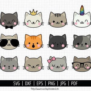 May include: Set of 12 cute cat face illustrations with different expressions, including a cat wearing sunglasses, a cat with a crown, a cat with a unicorn horn, and a cat with a bow. The illustrations are in a cartoon style and are perfect for use in digital projects or crafts.