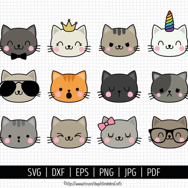 Cat SVG. Baby Girl and Boy Cat Faces Clipart. Cute Kitten Vector Files Cutting Machine Silhouette Cricut. Kids Doodle Cats Instant Download