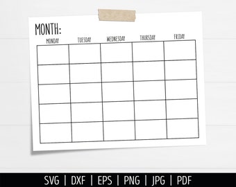 Lege Homeschool Kalender SVG. Digitale maandelijkse kalender vector gesneden bestanden snijmachine. Afdrukbare kalender downloaden. Maandplanner pdf dxf